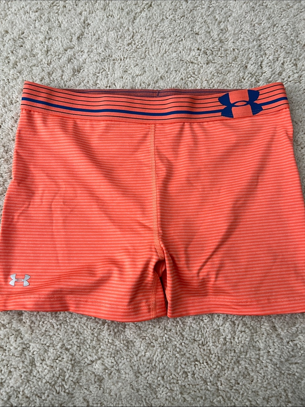 Under Armour Neon Orange Striped Performance Shorts with Navy Logo
